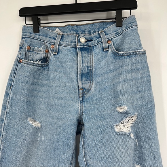 Levi's 501 Light Wash Faded Distressed Ripped Straight Leg Buttondown Denim Jean - Picture 6 of 15
